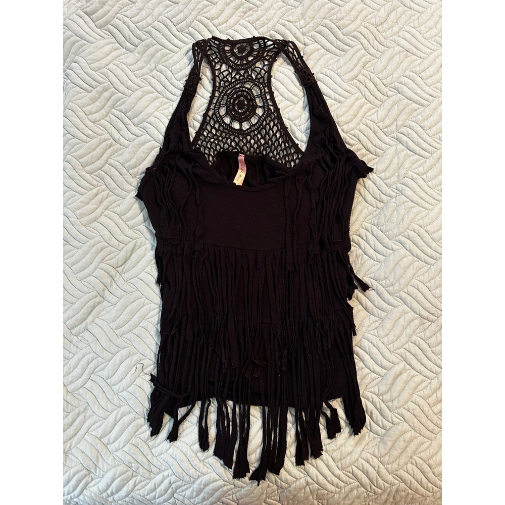 Call Box Black Fringe Crochet Lace Racerback Boho Festival Tank Top Womens
